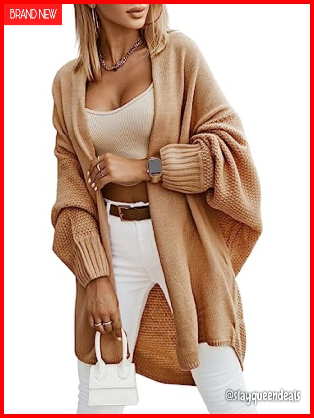 Long Open Front Lantern Sleeve Loose Fit Cardigan Sweater Ribbed Knit